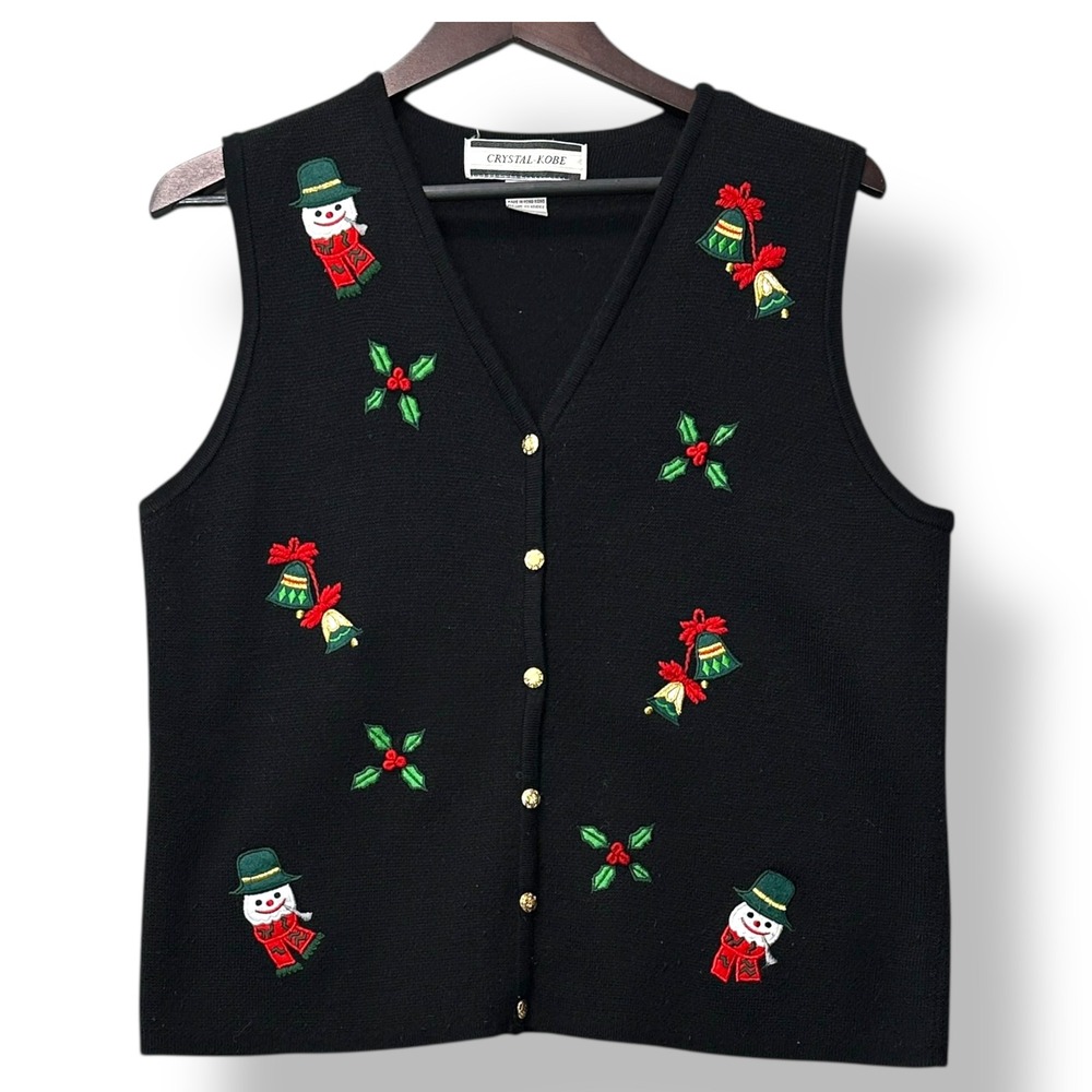 Vtg Crystal Kobe‎ Womens Christmas Sweater Vest XL Holiday Snowman Embroidered